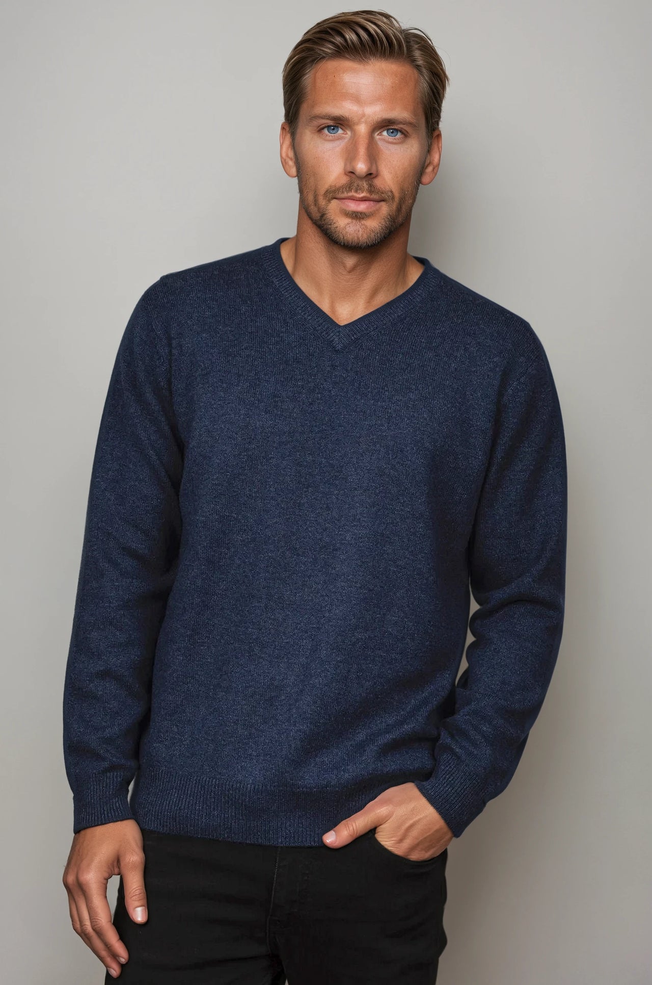 Ansett Denim Blue Cashmere Merino Wool V Neck Jumper
