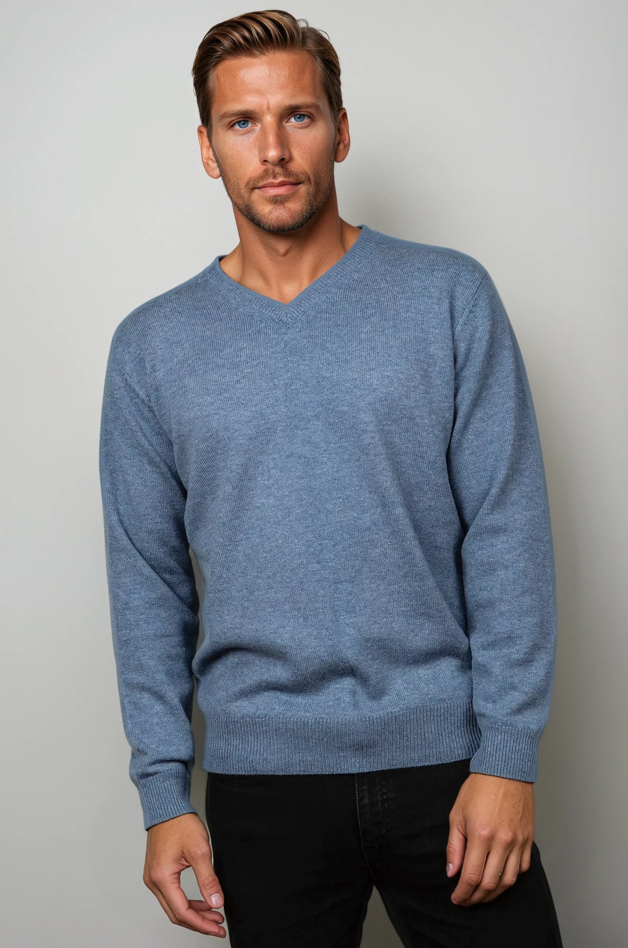 Light Blue Cashmere Merino Wool V Neck Jumper