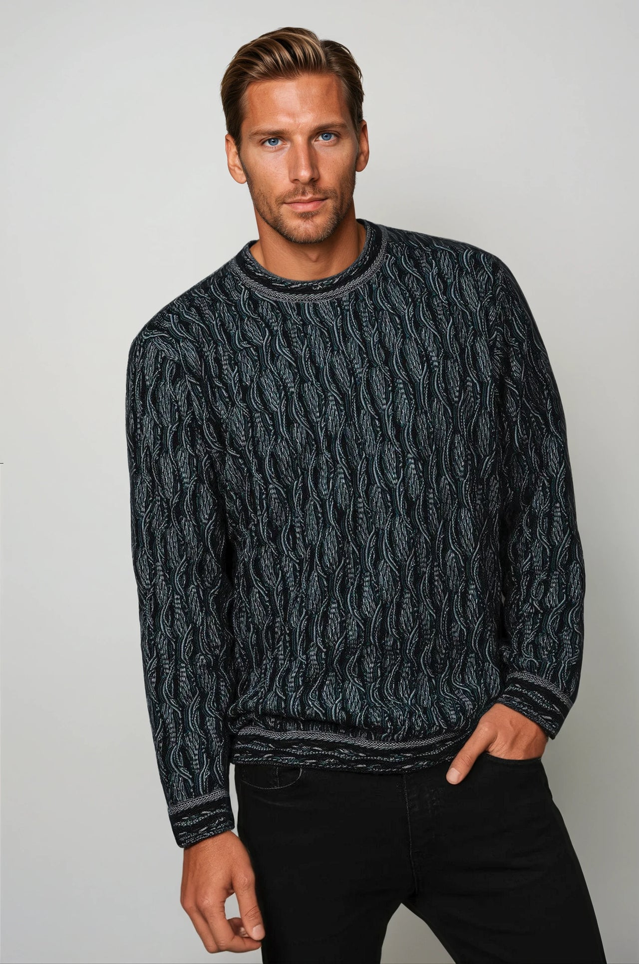 Wave - Black Sweater Jumper Merino Wool 3D Geccu Knitwear