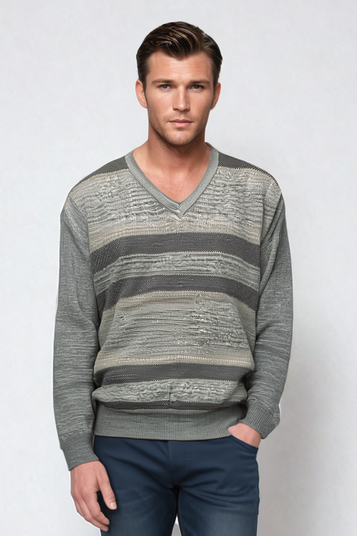 Ansett Grey Patterned Merino Wool V Neck Jumper (Size S ONLY)