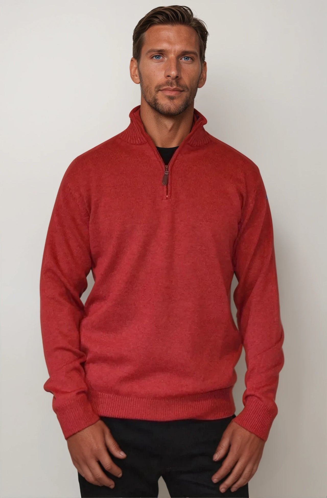 Ansett Rhubarb Red Half Zip Cashmere Merino Wool Jumper