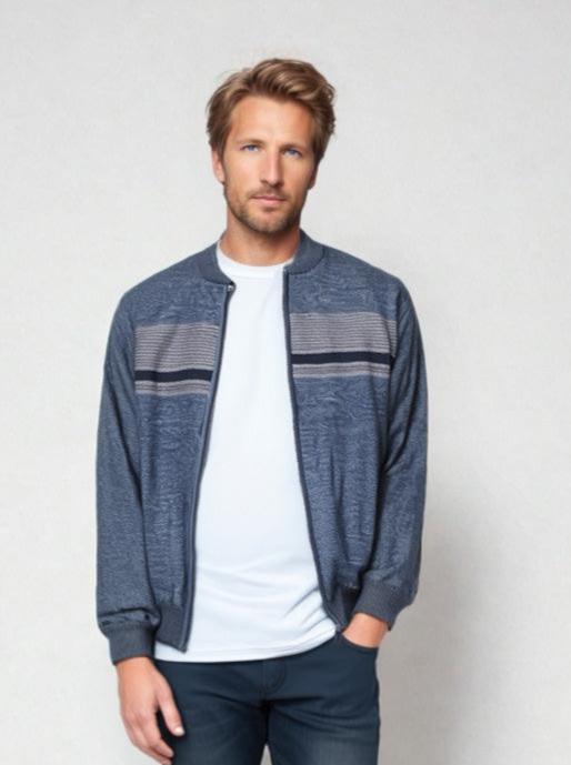 Slate Blue Striped Merino Wool Full Zip Jacket