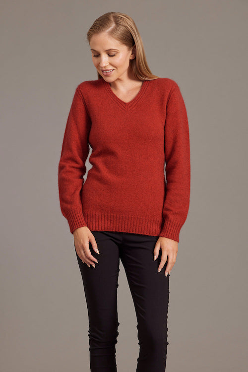 Red Rib Detail V-Neck Jumper