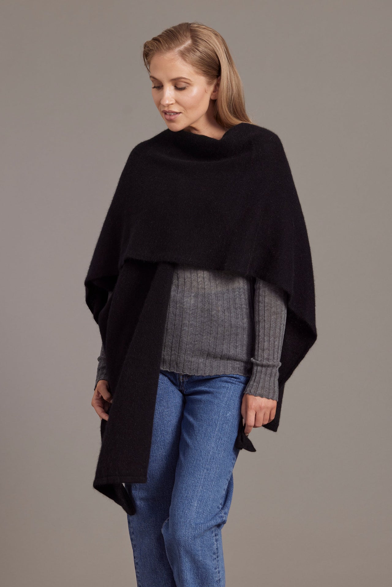 Black McDonald Possum Merino Split Front Cape Wrap